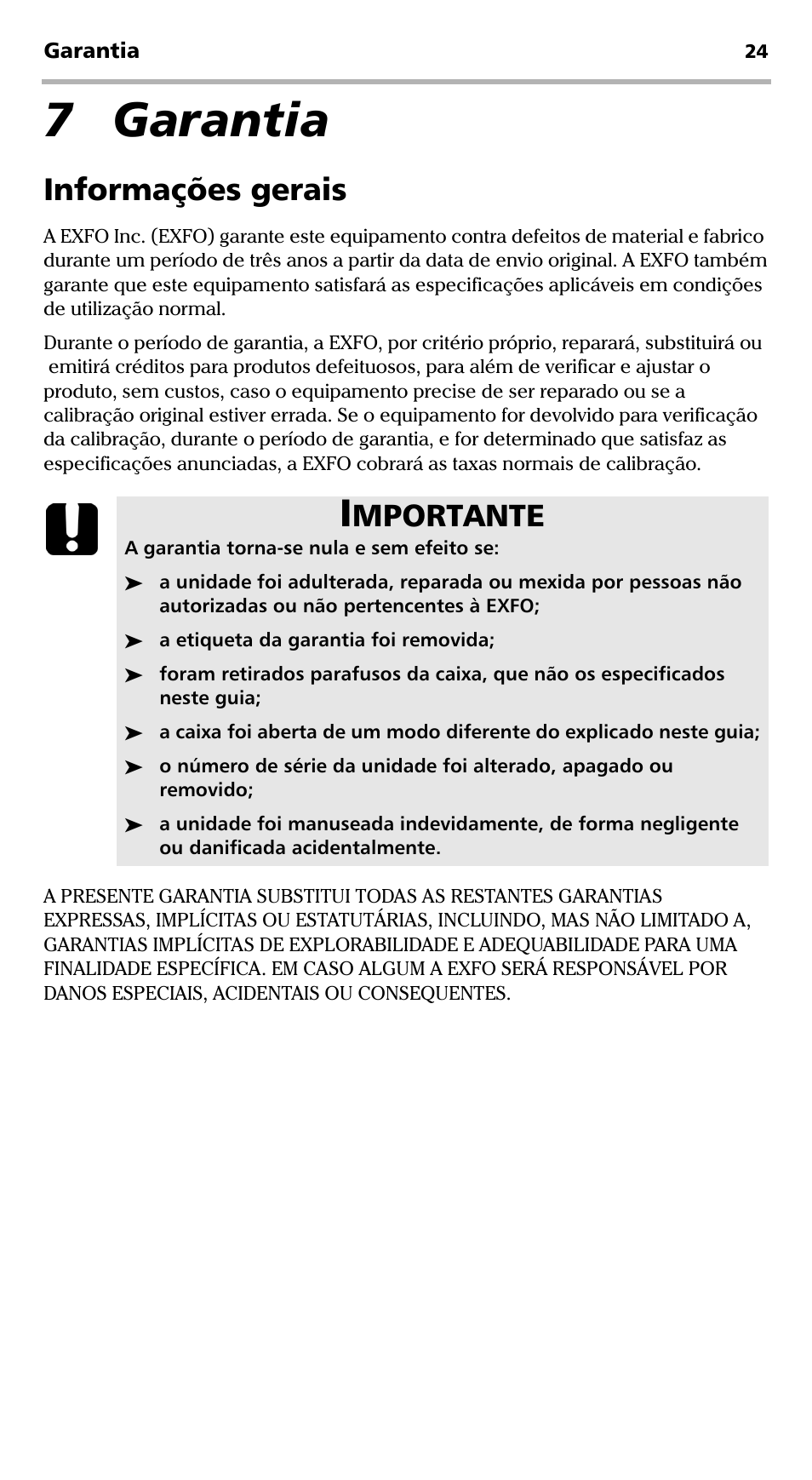 7 garantia, Informações gerais, Mportante | EXFO FVA-600 User Manual | Page 172 / 215