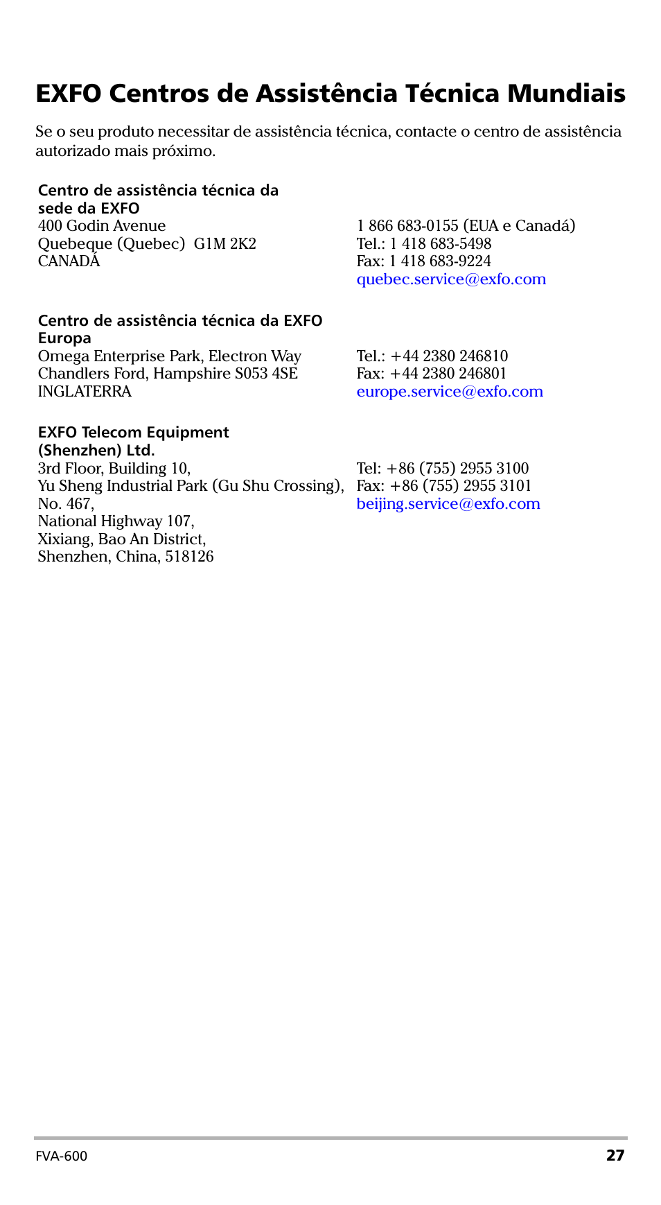 Exfo centros de assistência técnica mundiais | EXFO FVA-600 User Manual | Page 175 / 215