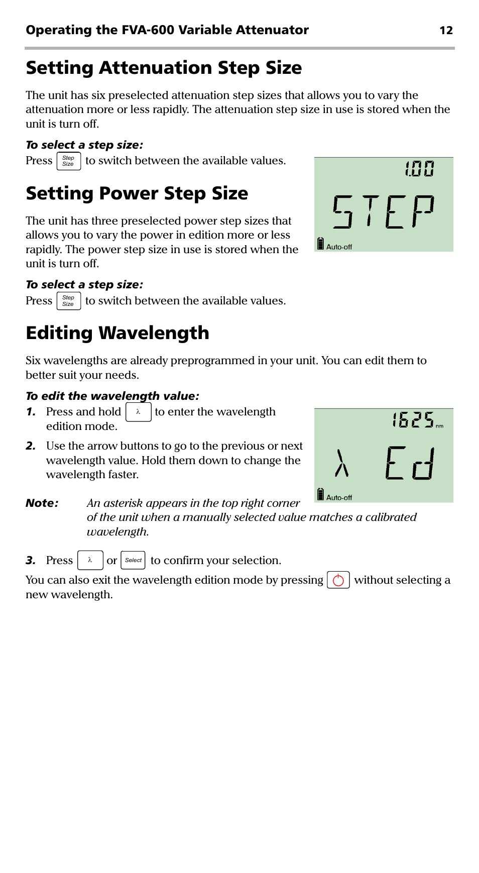 Setting attenuation step size, Setting power step size, Editing wavelength | EXFO FVA-600 User Manual | Page 18 / 215
