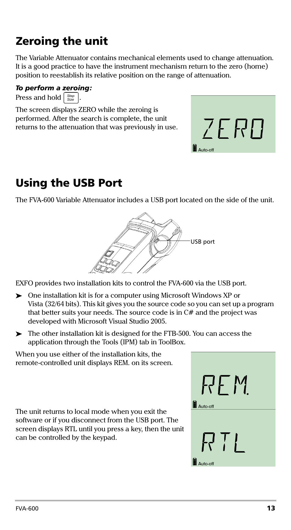 Zeroing the unit, Using the usb port, Zeroing the unit using the usb port | EXFO FVA-600 User Manual | Page 19 / 215