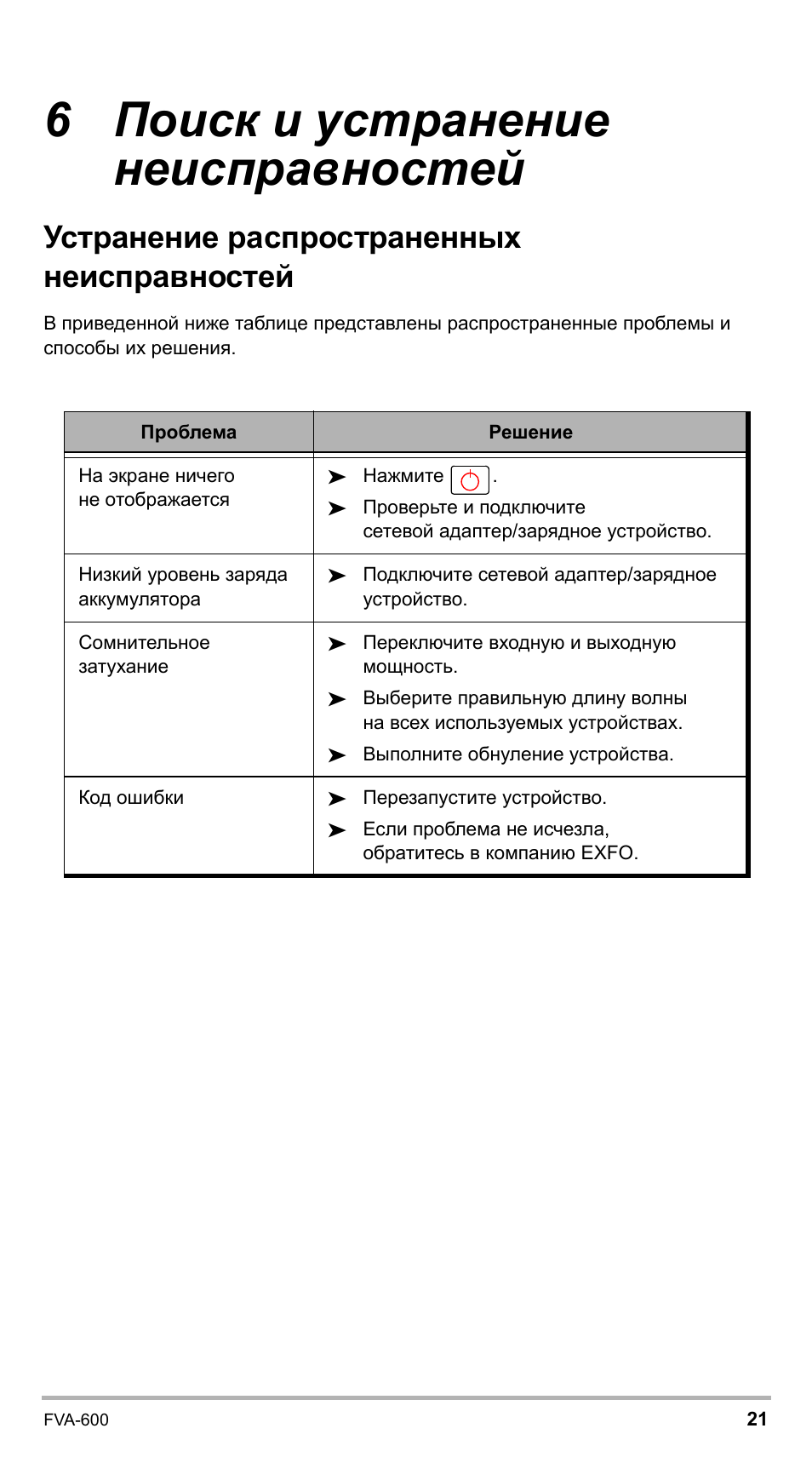 6 поиск и устранение неисправностей, Устранение распространенных неисправностей | EXFO FVA-600 User Manual | Page 205 / 215