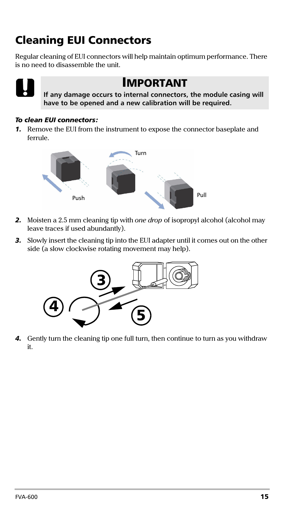 Cleaning eui connectors, Mportant | EXFO FVA-600 User Manual | Page 21 / 215