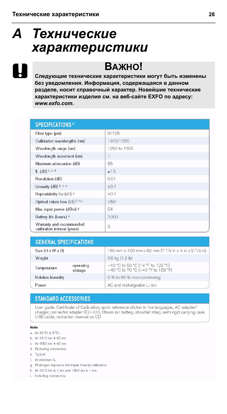 A технические характеристики | EXFO FVA-600 User Manual | Page 212 / 215