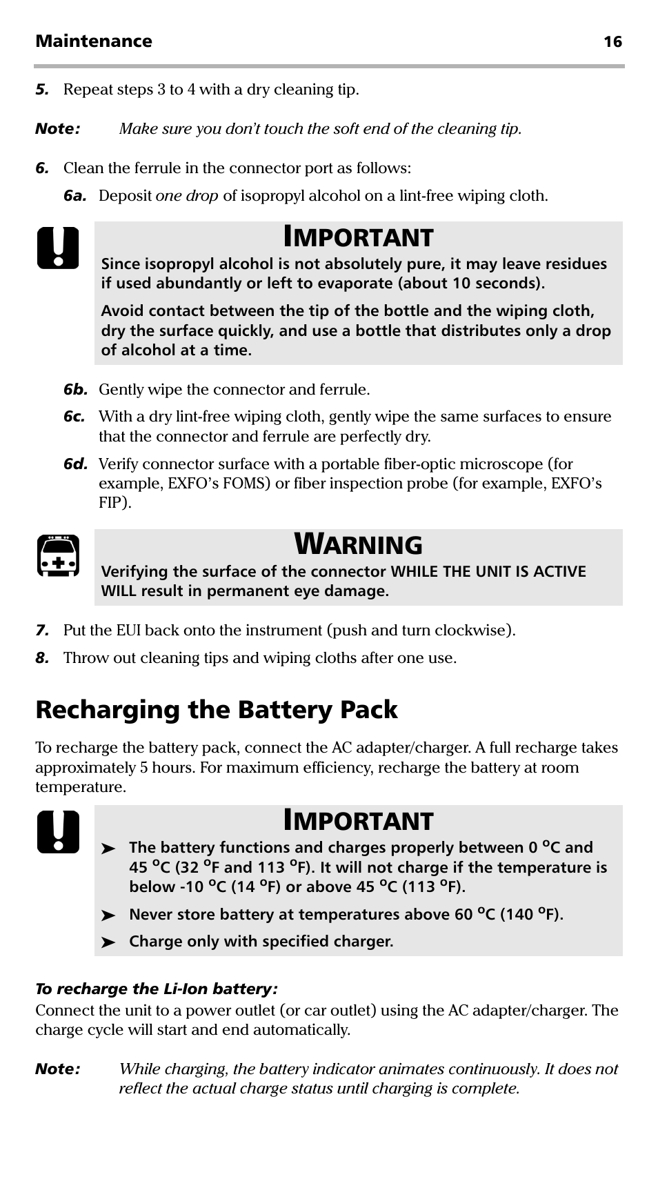 Recharging the battery pack, Mportant, Arning | EXFO FVA-600 User Manual | Page 22 / 215