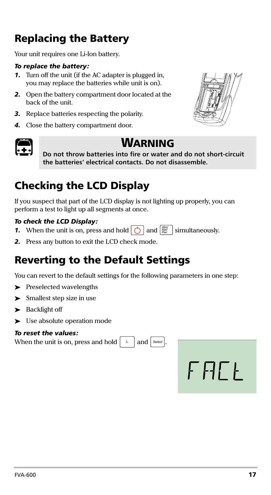 Replacing the battery, Checking the lcd display, Reverting to the default settings | Arning | EXFO FVA-600 User Manual | Page 23 / 215