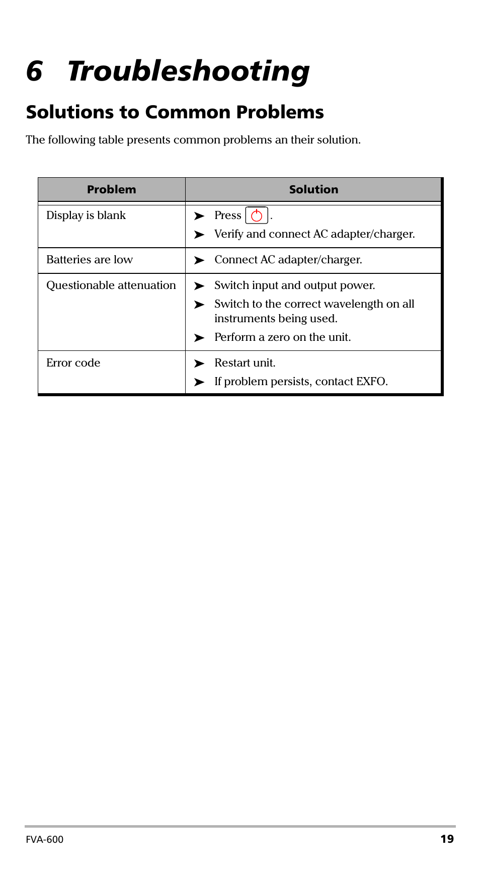 6 troubleshooting, Solutions to common problems | EXFO FVA-600 User Manual | Page 25 / 215