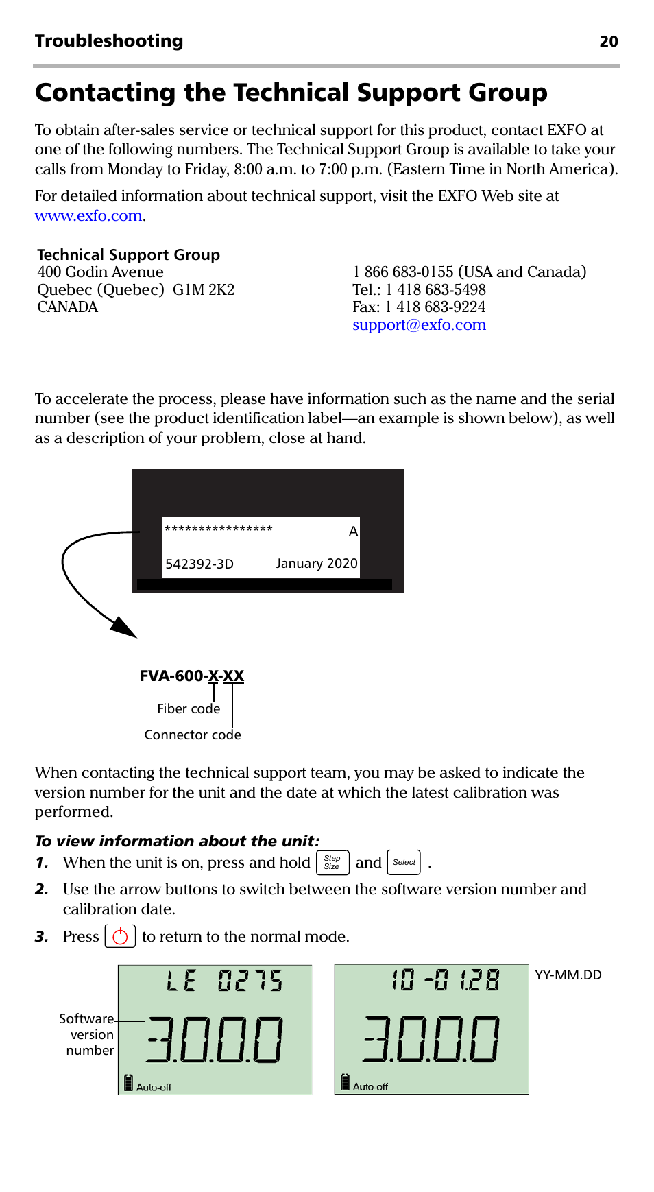 Contacting the technical support group, Troubleshooting | EXFO FVA-600 User Manual | Page 26 / 215