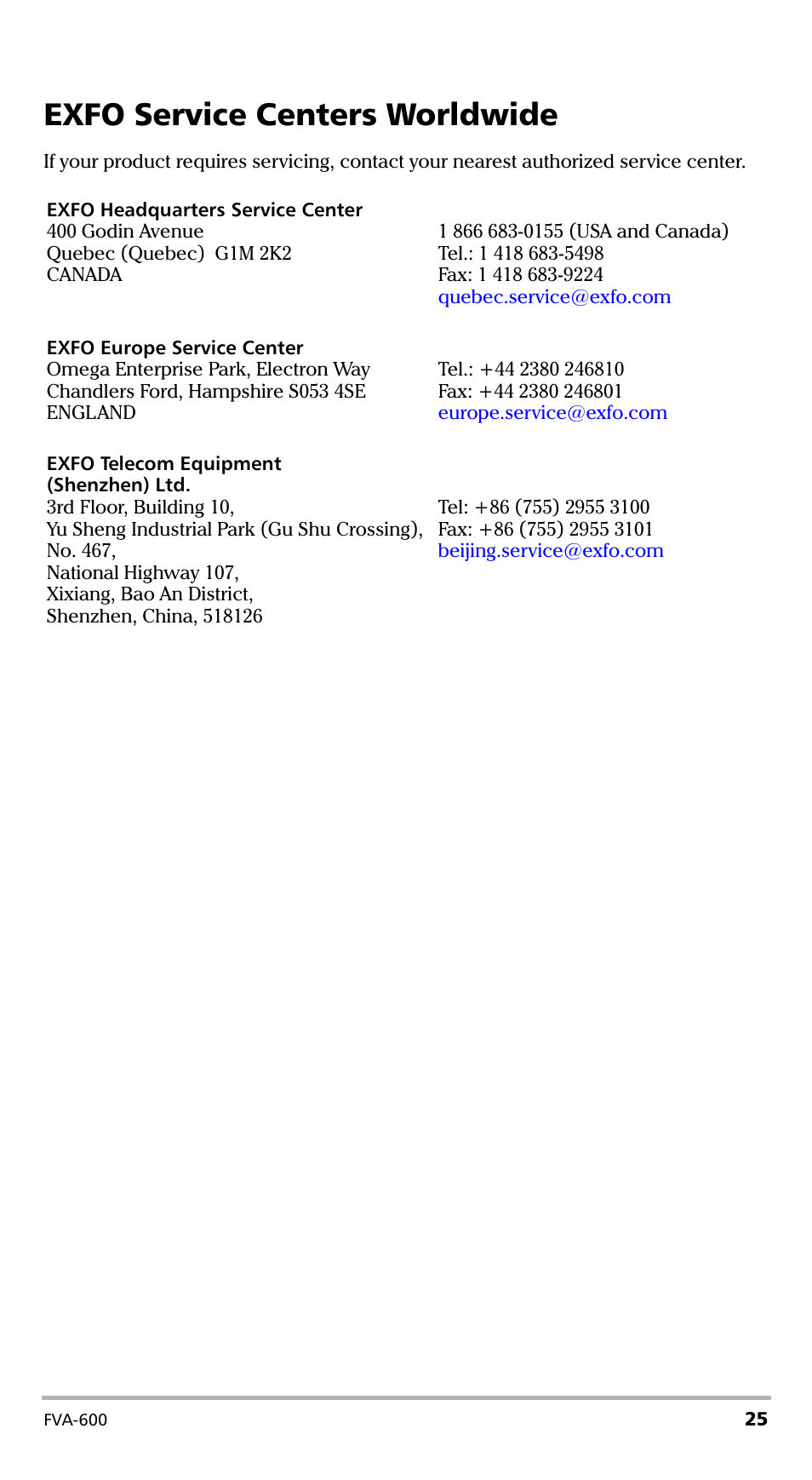 Exfo service centers worldwide | EXFO FVA-600 User Manual | Page 31 / 215