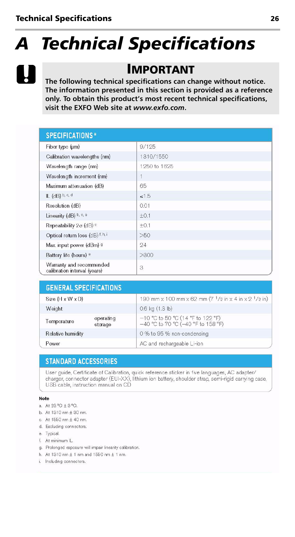 A technical specifications | EXFO FVA-600 User Manual | Page 32 / 215