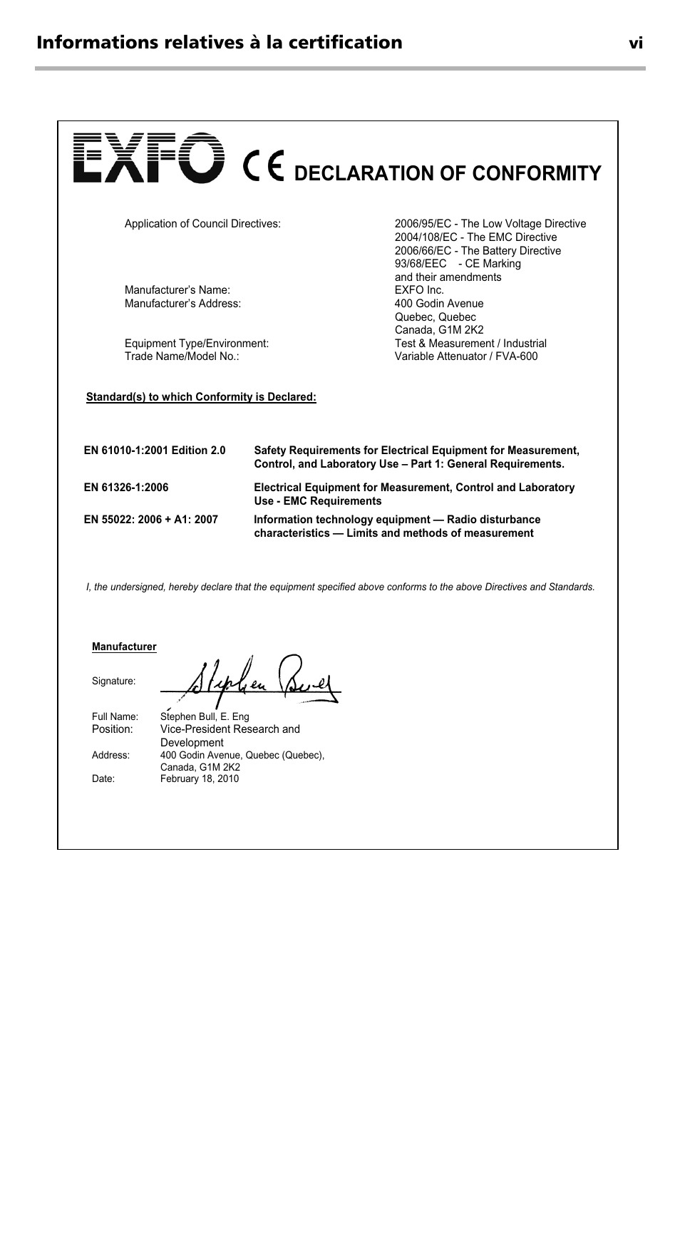 Declaration of conformity, Informations relatives à la certification | EXFO FVA-600 User Manual | Page 42 / 215