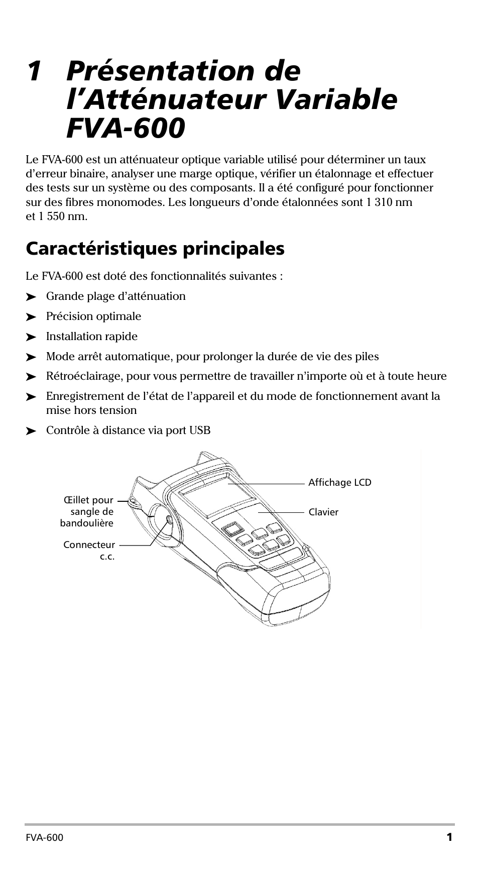 1 présentation de l’atténuateur variable fva-600, Caractéristiques principales | EXFO FVA-600 User Manual | Page 43 / 215