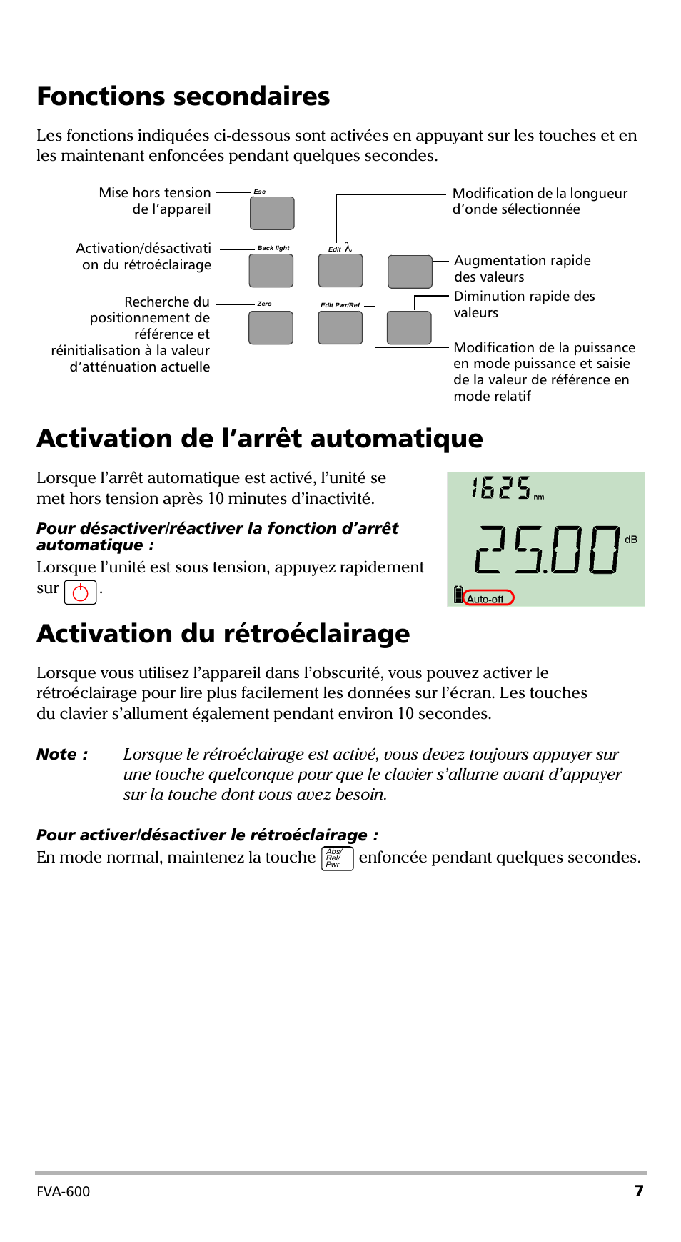 Fonctions secondaires, Activation de l’arrêt automatique, Activation du rétroéclairage | EXFO FVA-600 User Manual | Page 49 / 215