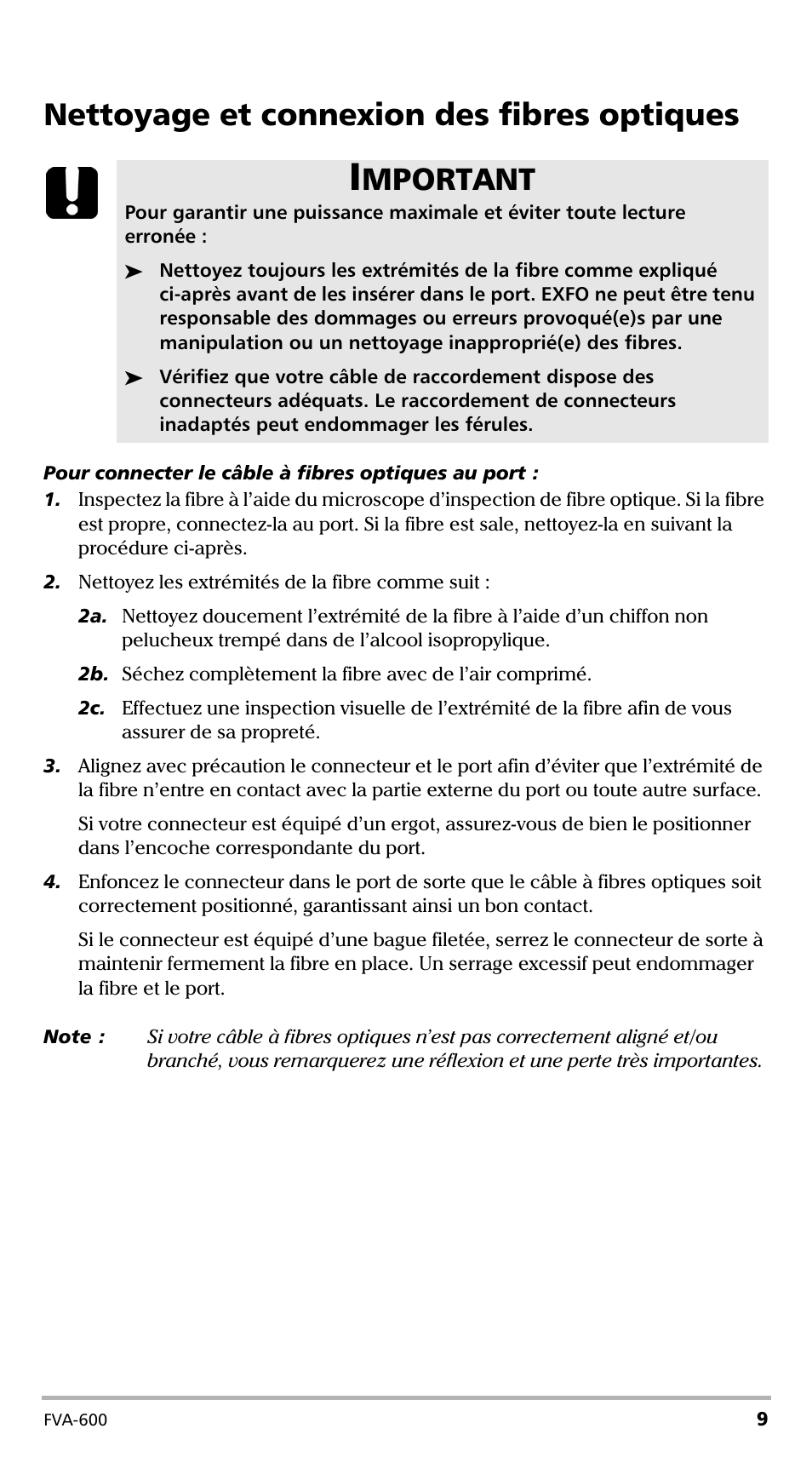 Nettoyage et connexion des fibres optiques, Mportant | EXFO FVA-600 User Manual | Page 51 / 215