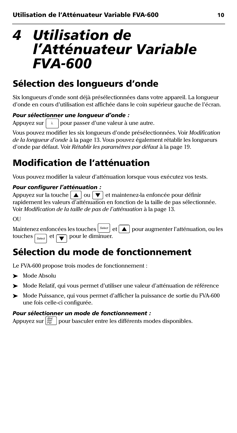 4 utilisation de l’atténuateur variable fva-600, Sélection des longueurs d’onde, Modification de l’atténuation | Sélection du mode de fonctionnement | EXFO FVA-600 User Manual | Page 52 / 215