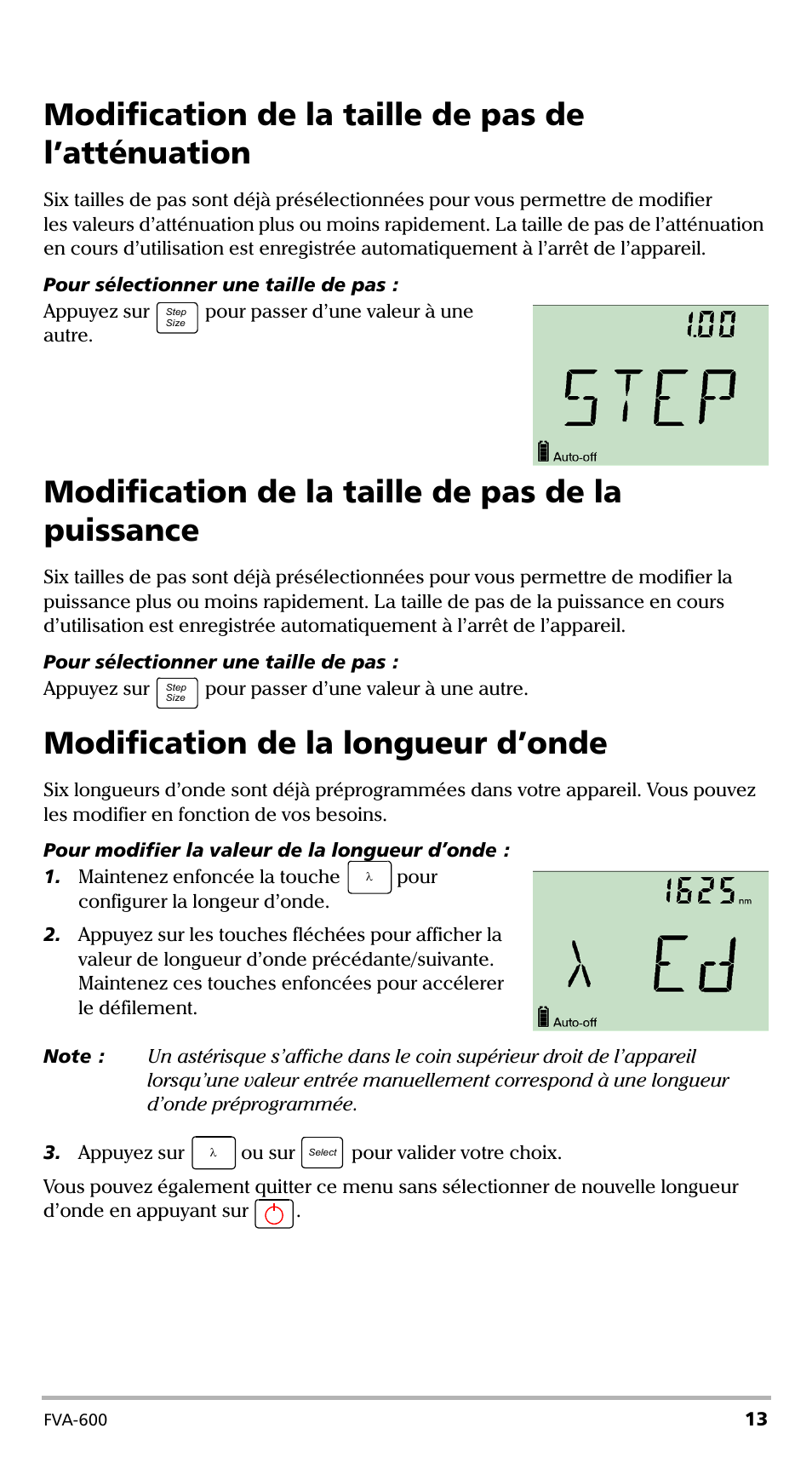 Modification de la taille de pas de l’atténuation, Modification de la taille de pas de la puissance, Modification de la longueur d’onde | EXFO FVA-600 User Manual | Page 55 / 215