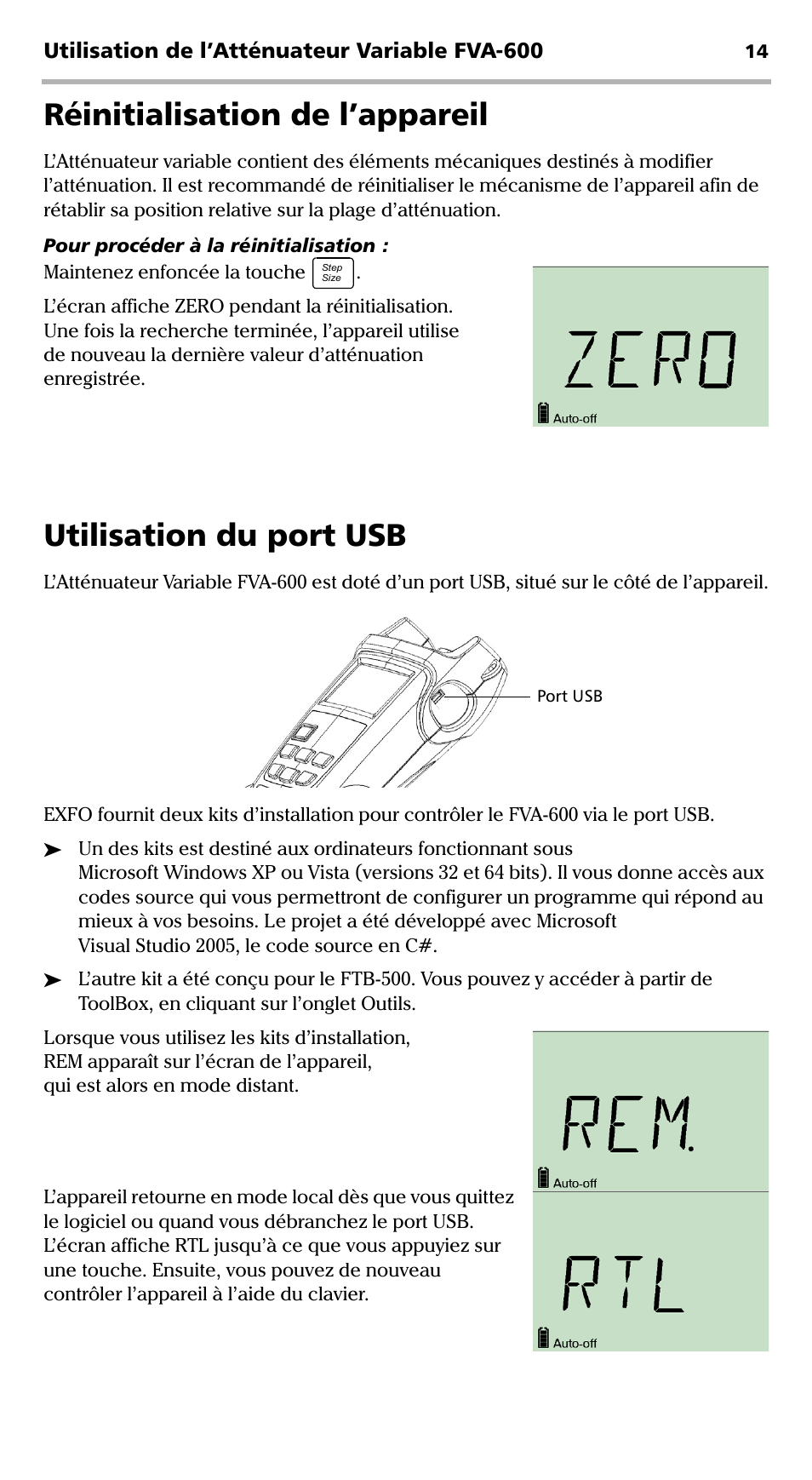 Réinitialisation de l’appareil, Utilisation du port usb | EXFO FVA-600 User Manual | Page 56 / 215