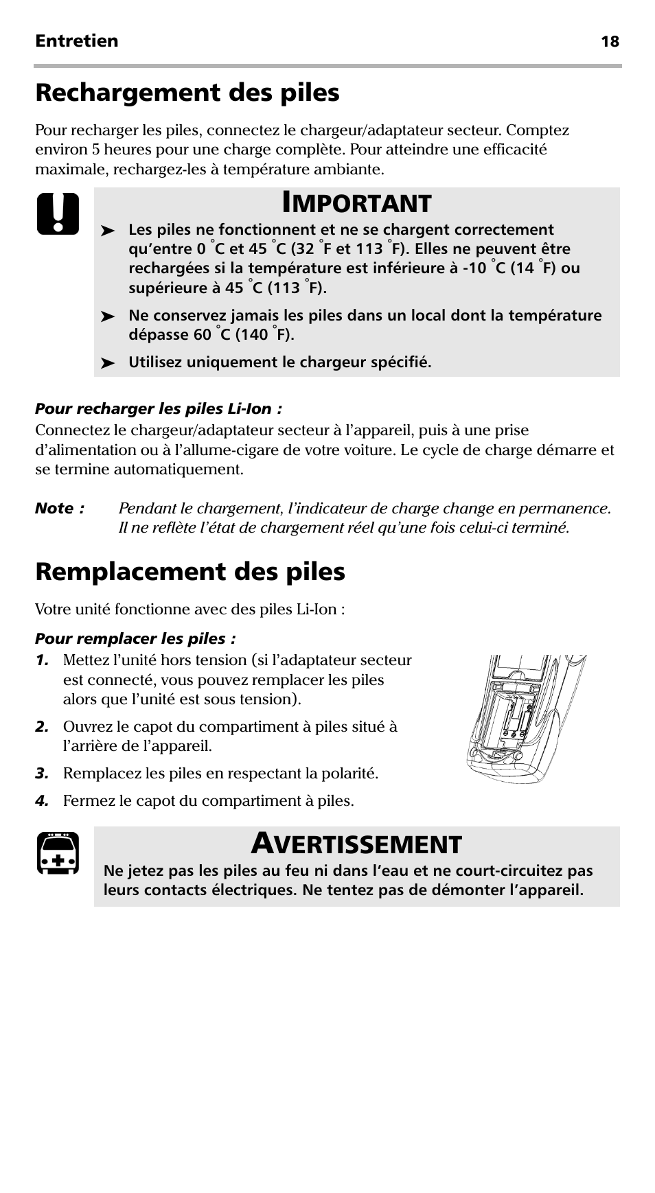Rechargement des piles, Remplacement des piles, Rechargement des piles remplacement des piles | Mportant, Vertissement | EXFO FVA-600 User Manual | Page 60 / 215