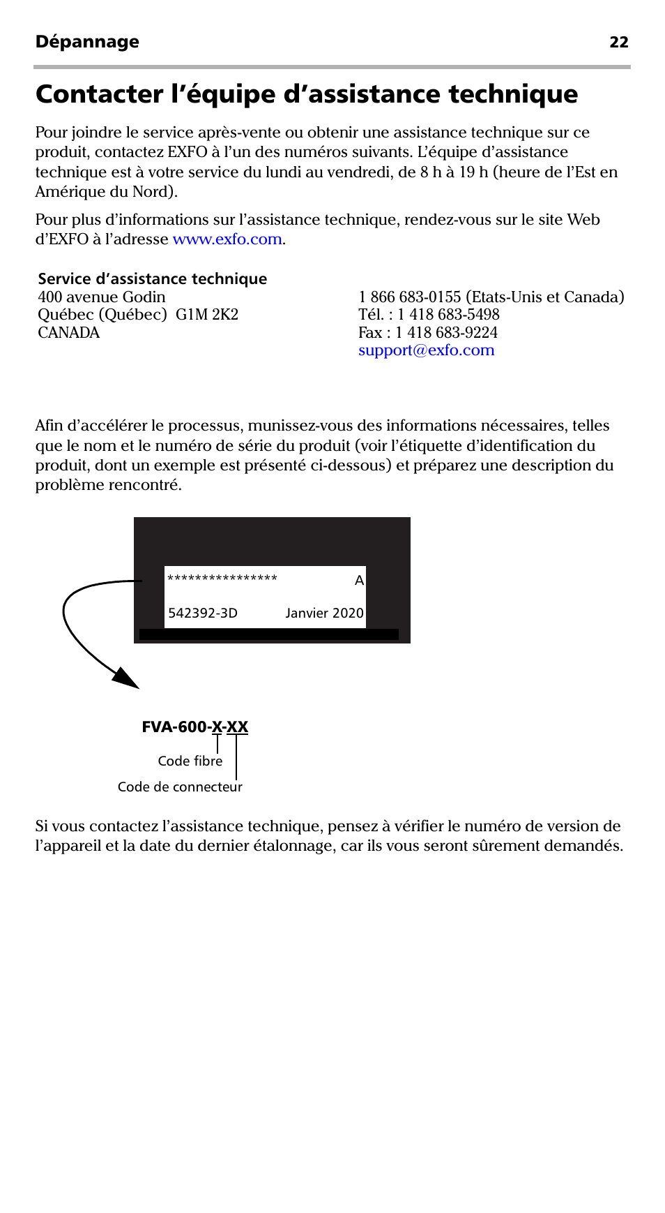 Contacter l’équipe d’assistance technique, Dépannage | EXFO FVA-600 User Manual | Page 64 / 215
