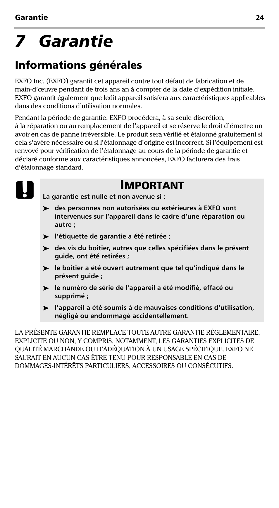 7 garantie, Informations générales, Mportant | EXFO FVA-600 User Manual | Page 66 / 215