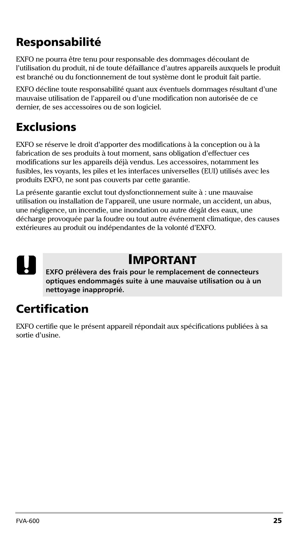 Responsabilité, Exclusions, Certification | Responsabilité exclusions certification, Mportant | EXFO FVA-600 User Manual | Page 67 / 215