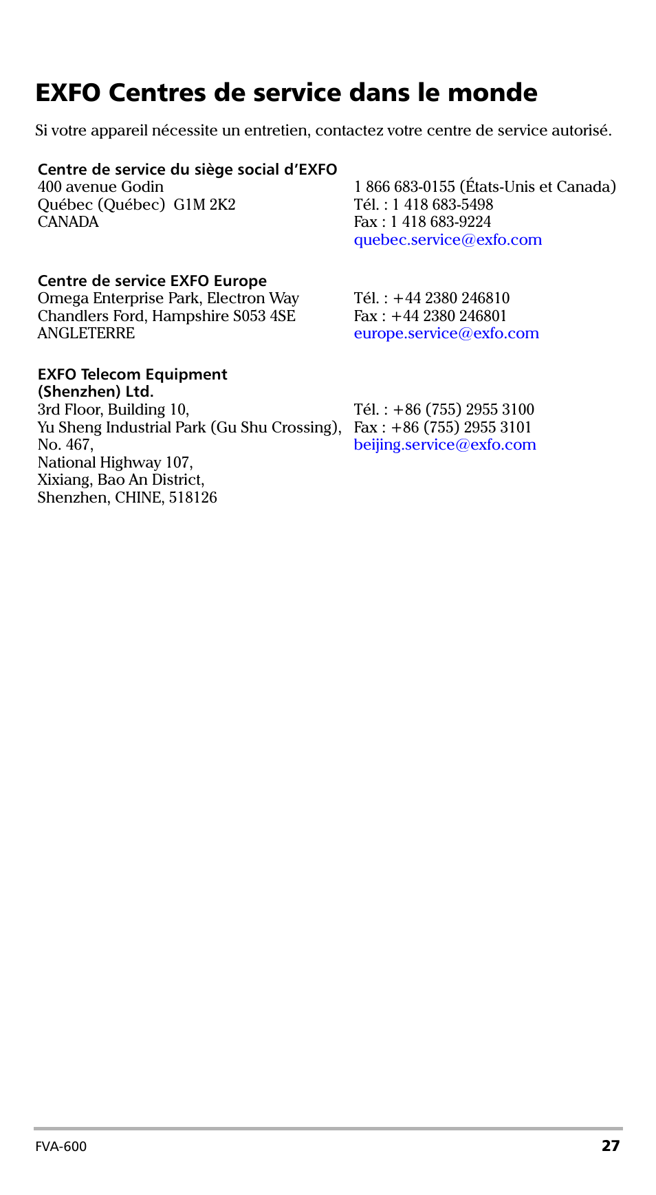 Exfo centres de service dans le monde | EXFO FVA-600 User Manual | Page 69 / 215