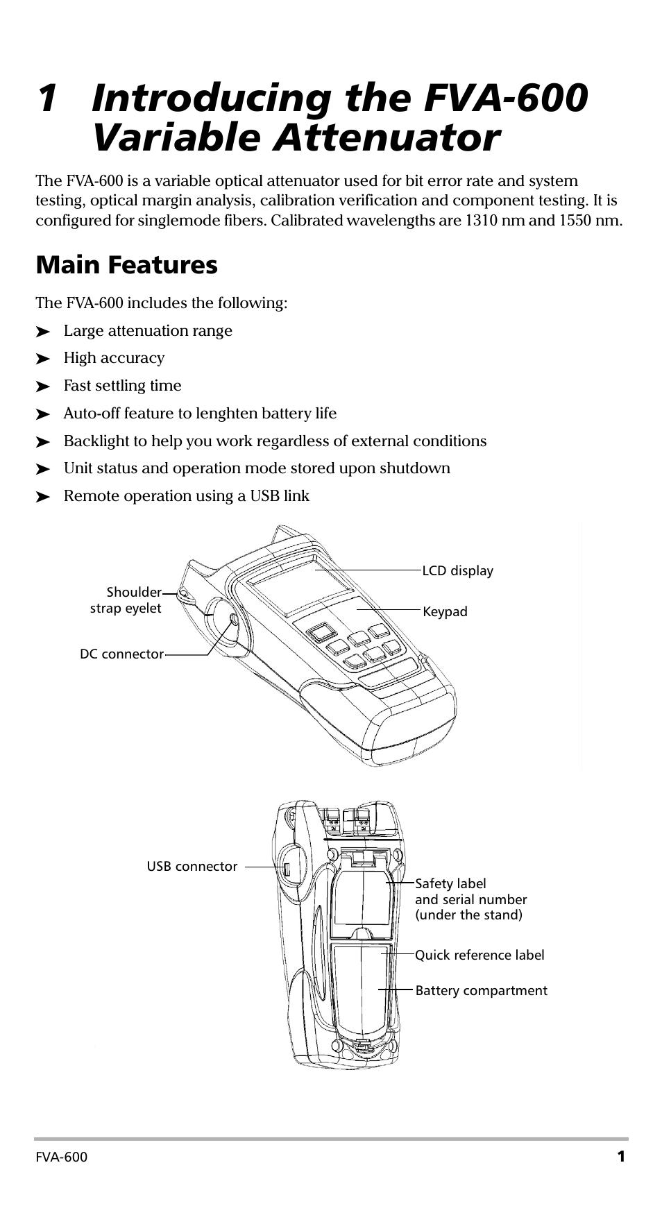1 introducing the fva-600 variable attenuator, Main features | EXFO FVA-600 User Manual | Page 7 / 215