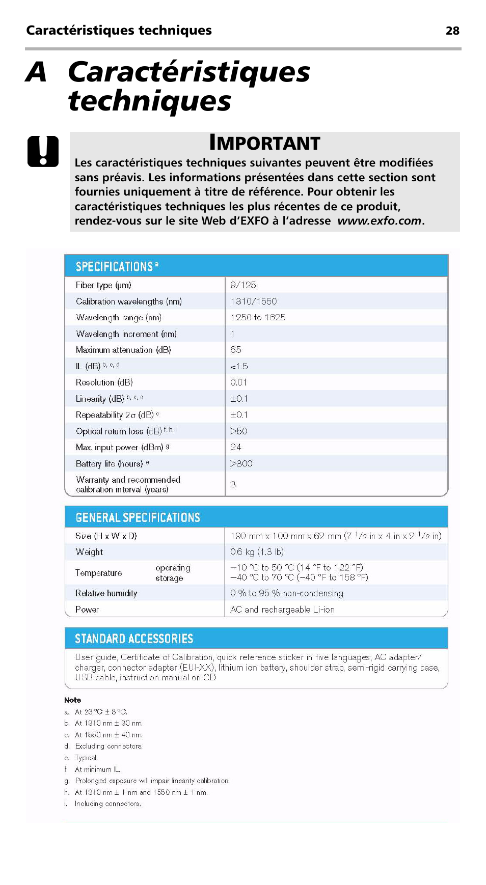 A caractéristiques techniques | EXFO FVA-600 User Manual | Page 70 / 215