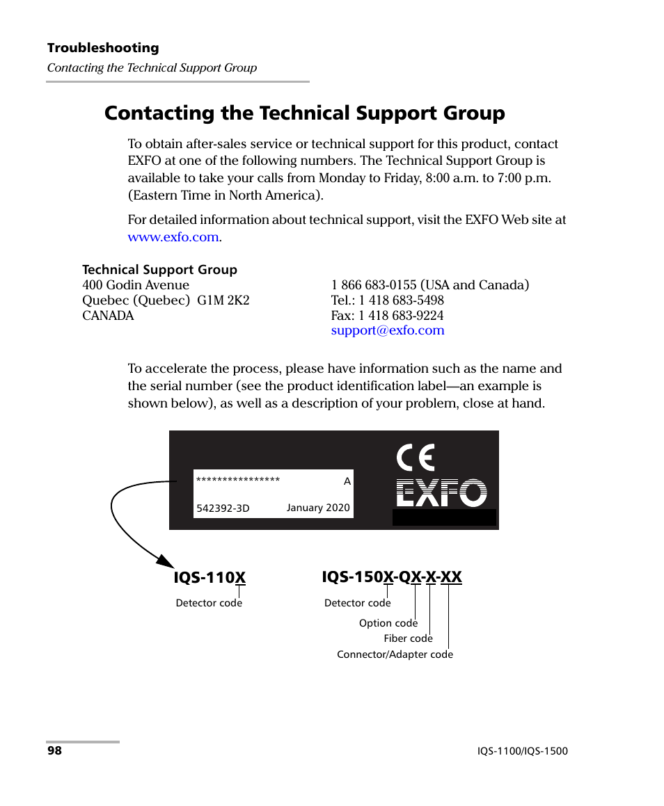 Contacting the technical support group, Iqs-110x, Iqs-150x-qx-x-xx | EXFO IQS-1500 Power Meters for IQS-500/600 User Manual | Page 106 / 172