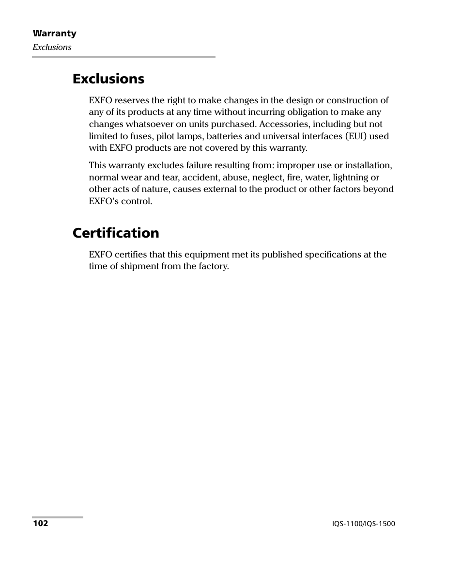 Exclusions, Certification, Exclusions certification | EXFO IQS-1500 Power Meters for IQS-500/600 User Manual | Page 110 / 172