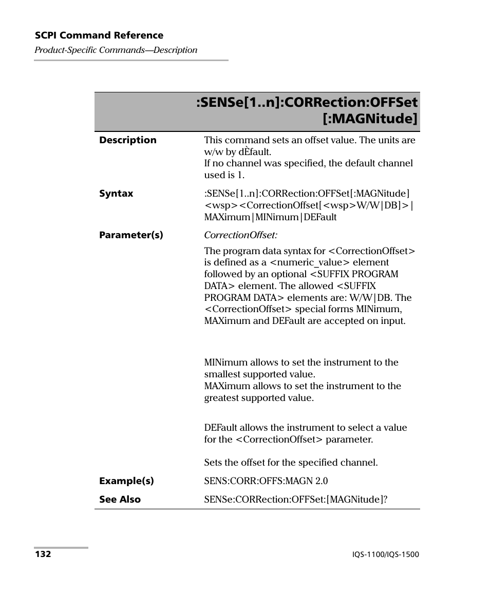 Sense[1..n]:correction:offset [:magnitude | EXFO IQS-1500 Power Meters for IQS-500/600 User Manual | Page 140 / 172