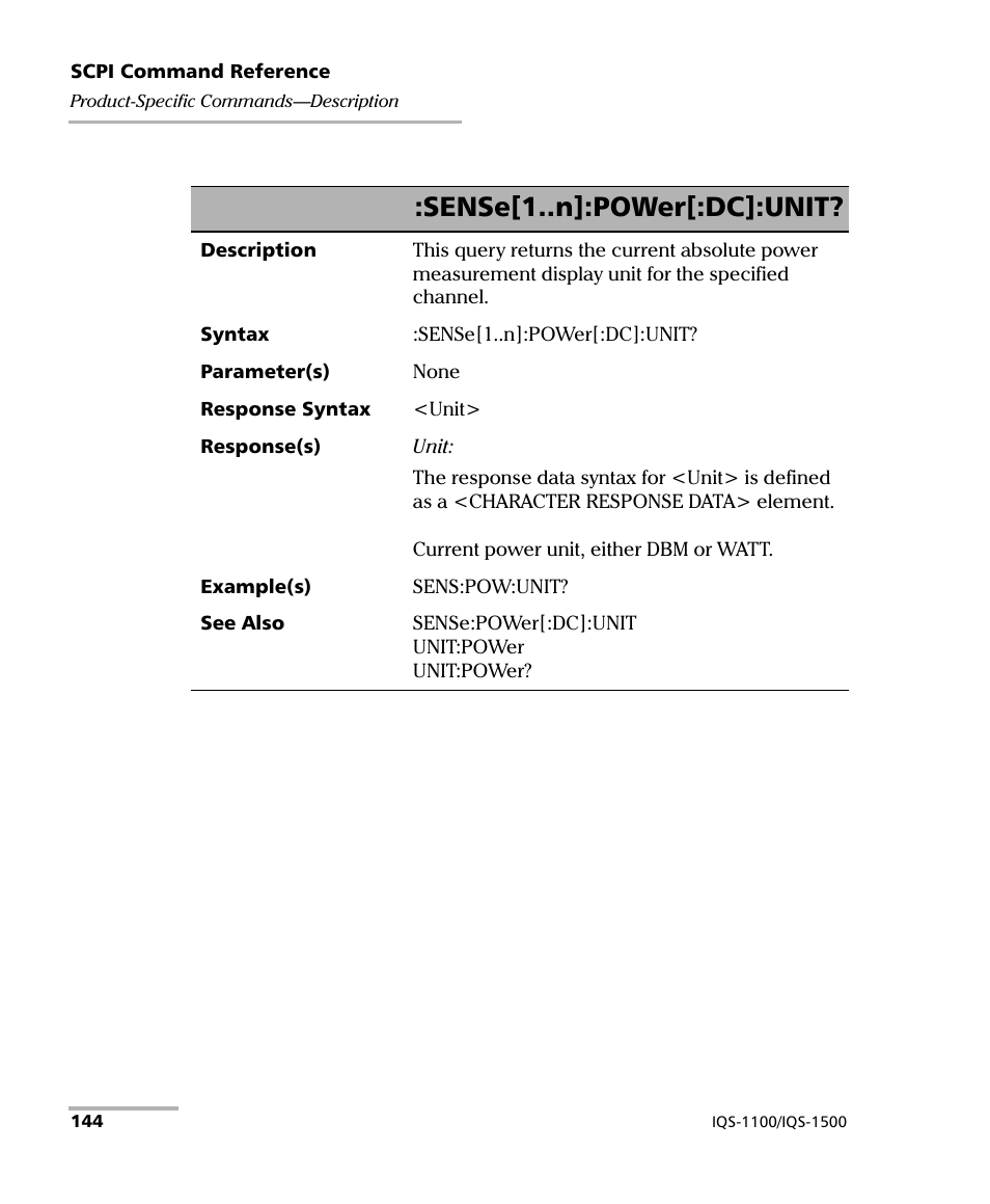 Sense[1..n]:power[:dc]:unit | EXFO IQS-1500 Power Meters for IQS-500/600 User Manual | Page 152 / 172