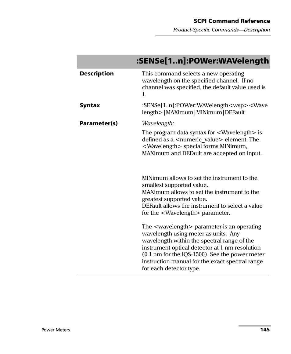 Sense[1..n]:power:wavelength | EXFO IQS-1500 Power Meters for IQS-500/600 User Manual | Page 153 / 172