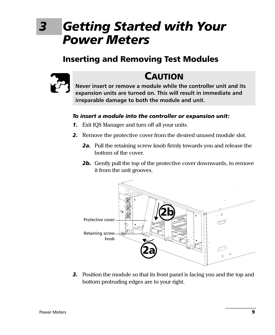 3 getting started with your power meters, Inserting and removing test modules, 3getting started with your power meters | 2b 2a, Aution | EXFO IQS-1500 Power Meters for IQS-500/600 User Manual | Page 17 / 172