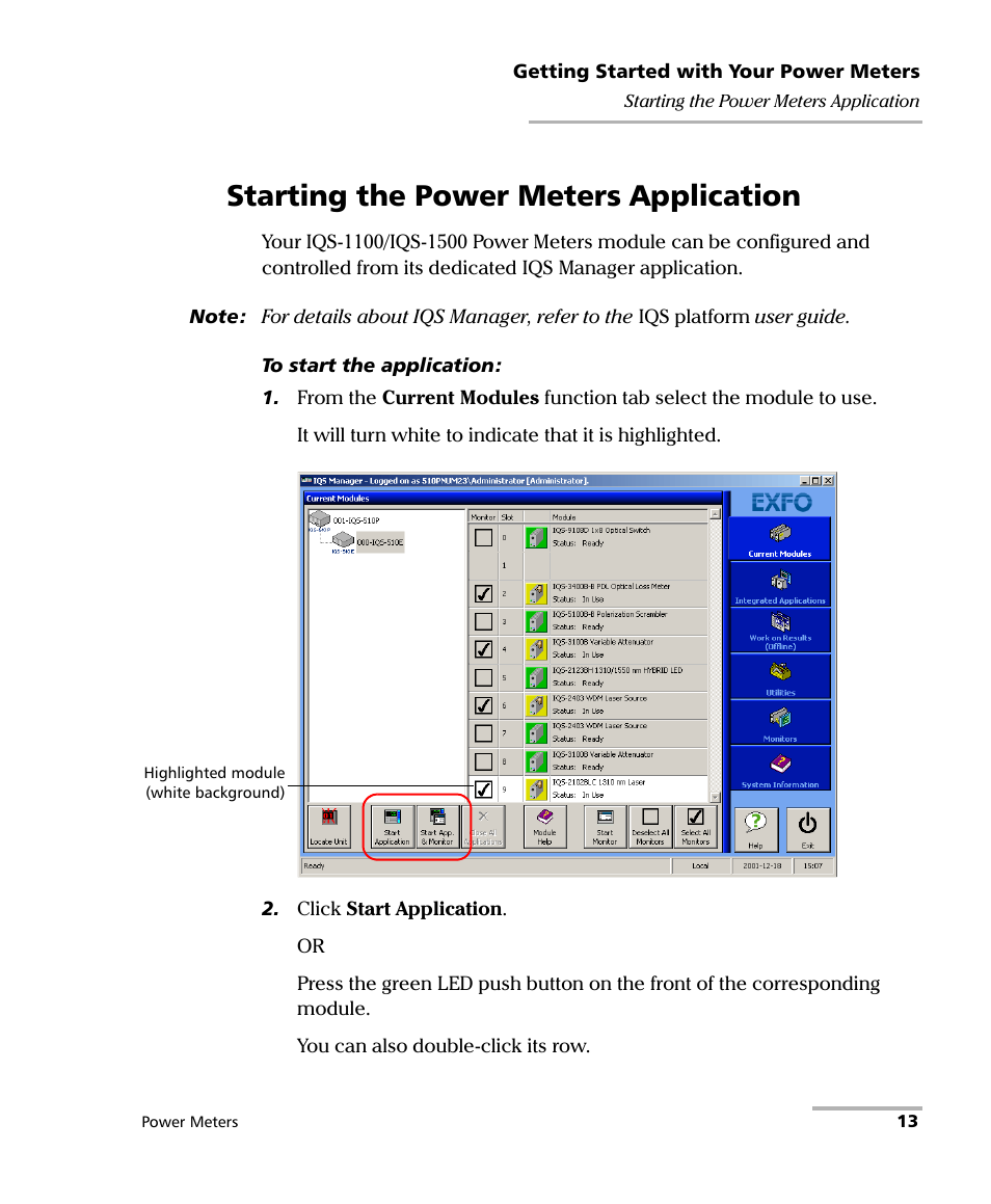 Starting the power meters application | EXFO IQS-1500 Power Meters for IQS-500/600 User Manual | Page 21 / 172