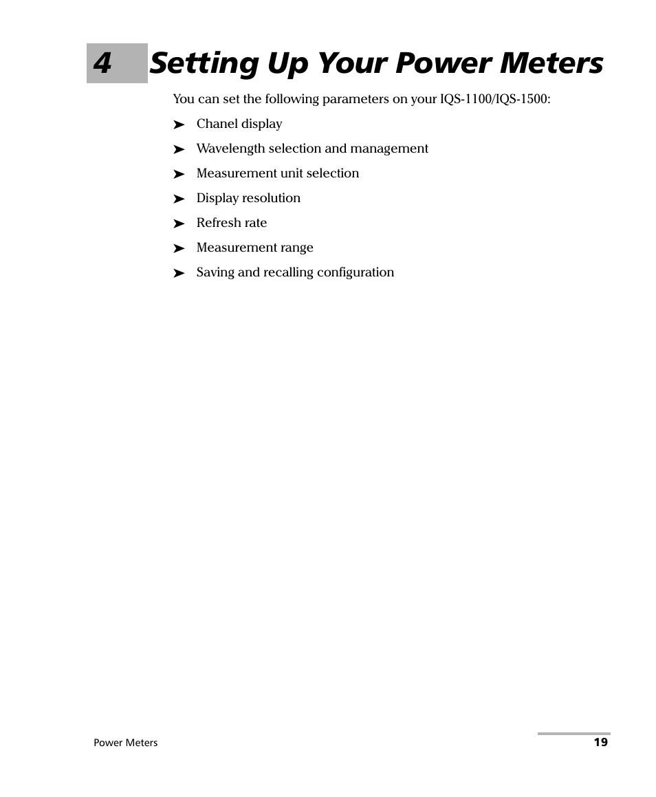 4 setting up your power meters, 4setting up your power meters | EXFO IQS-1500 Power Meters for IQS-500/600 User Manual | Page 27 / 172