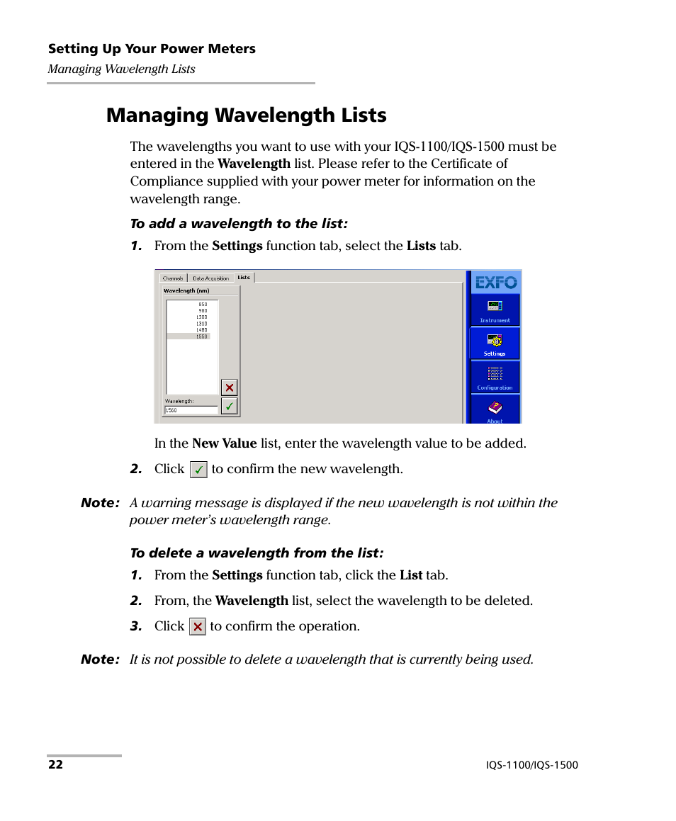 Managing wavelength lists | EXFO IQS-1500 Power Meters for IQS-500/600 User Manual | Page 30 / 172