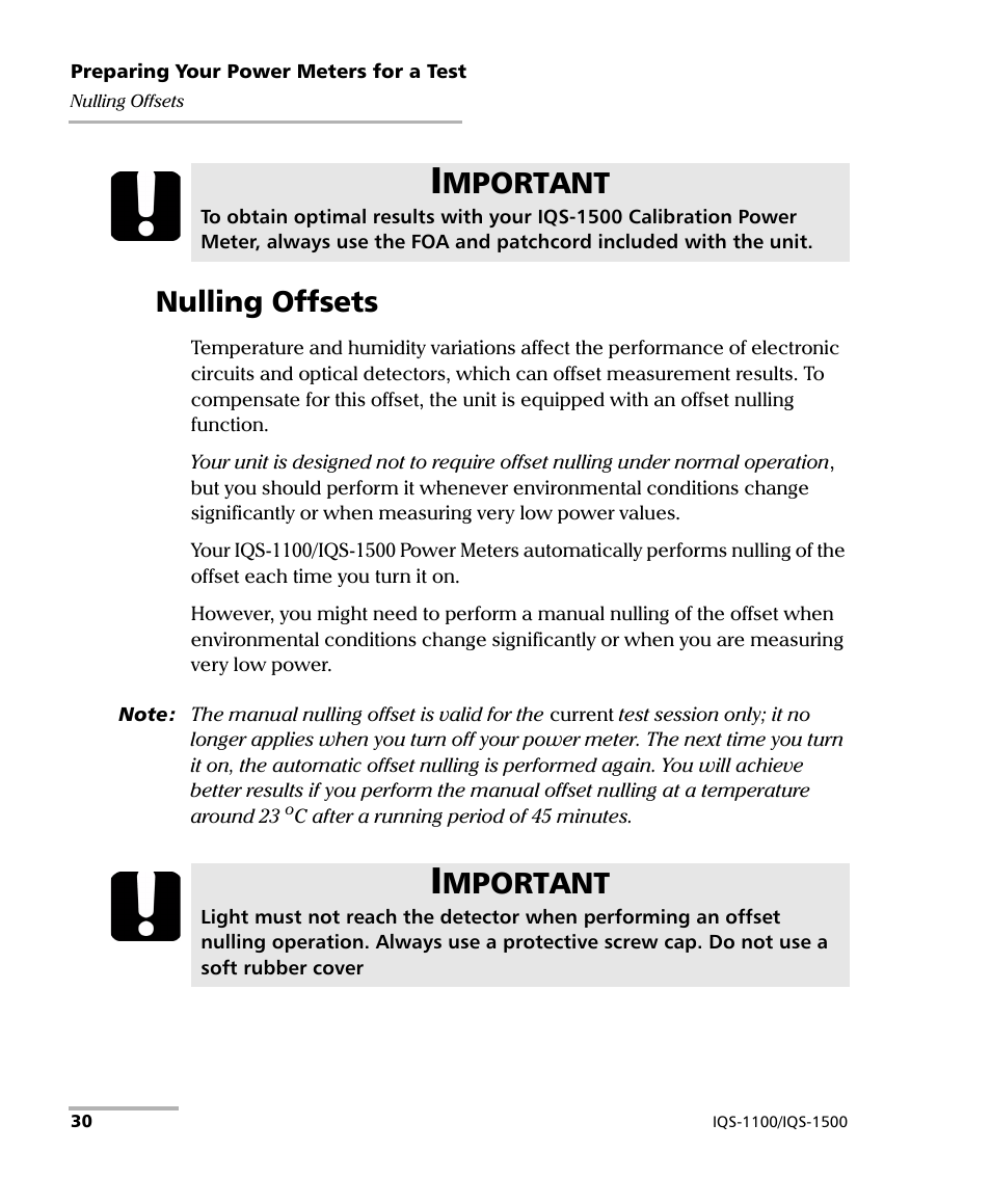 Nulling offsets, Mportant | EXFO IQS-1500 Power Meters for IQS-500/600 User Manual | Page 38 / 172