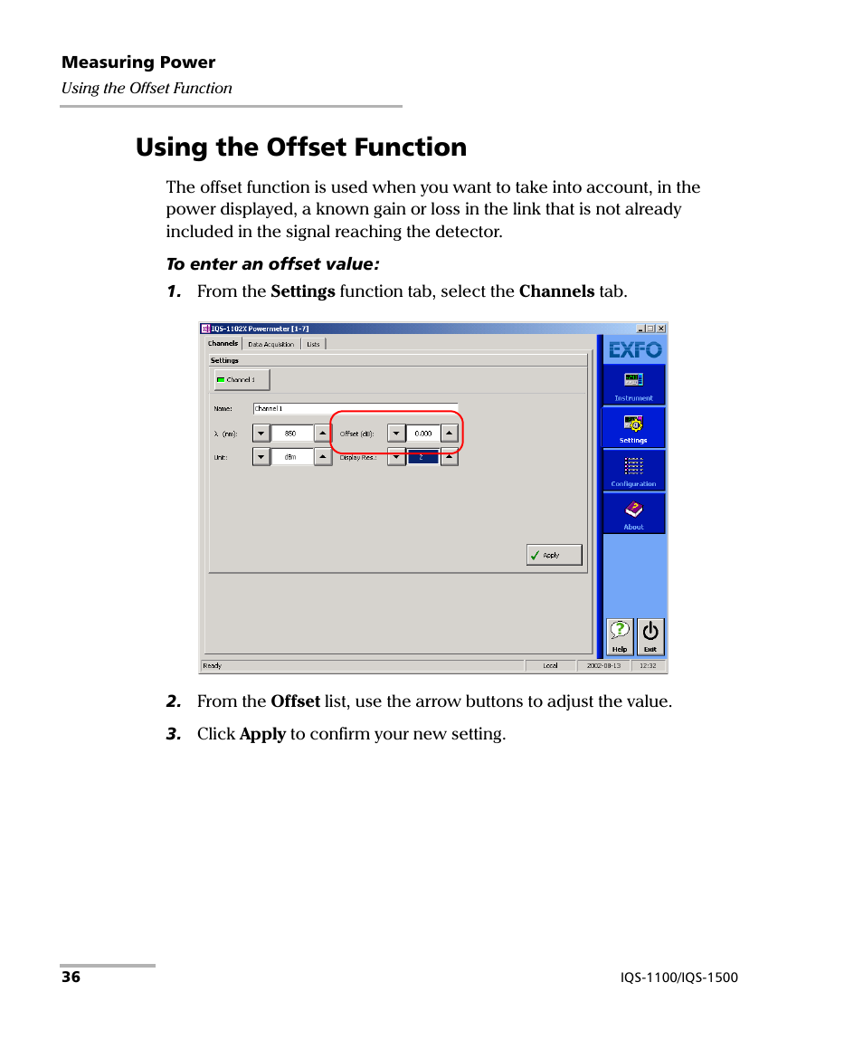 Using the offset function | EXFO IQS-1500 Power Meters for IQS-500/600 User Manual | Page 44 / 172