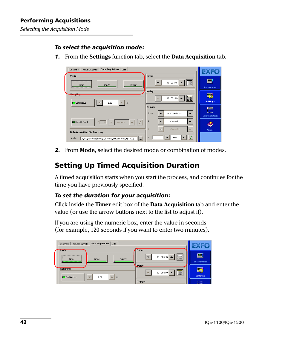 Setting up timed acquisition duration | EXFO IQS-1500 Power Meters for IQS-500/600 User Manual | Page 50 / 172