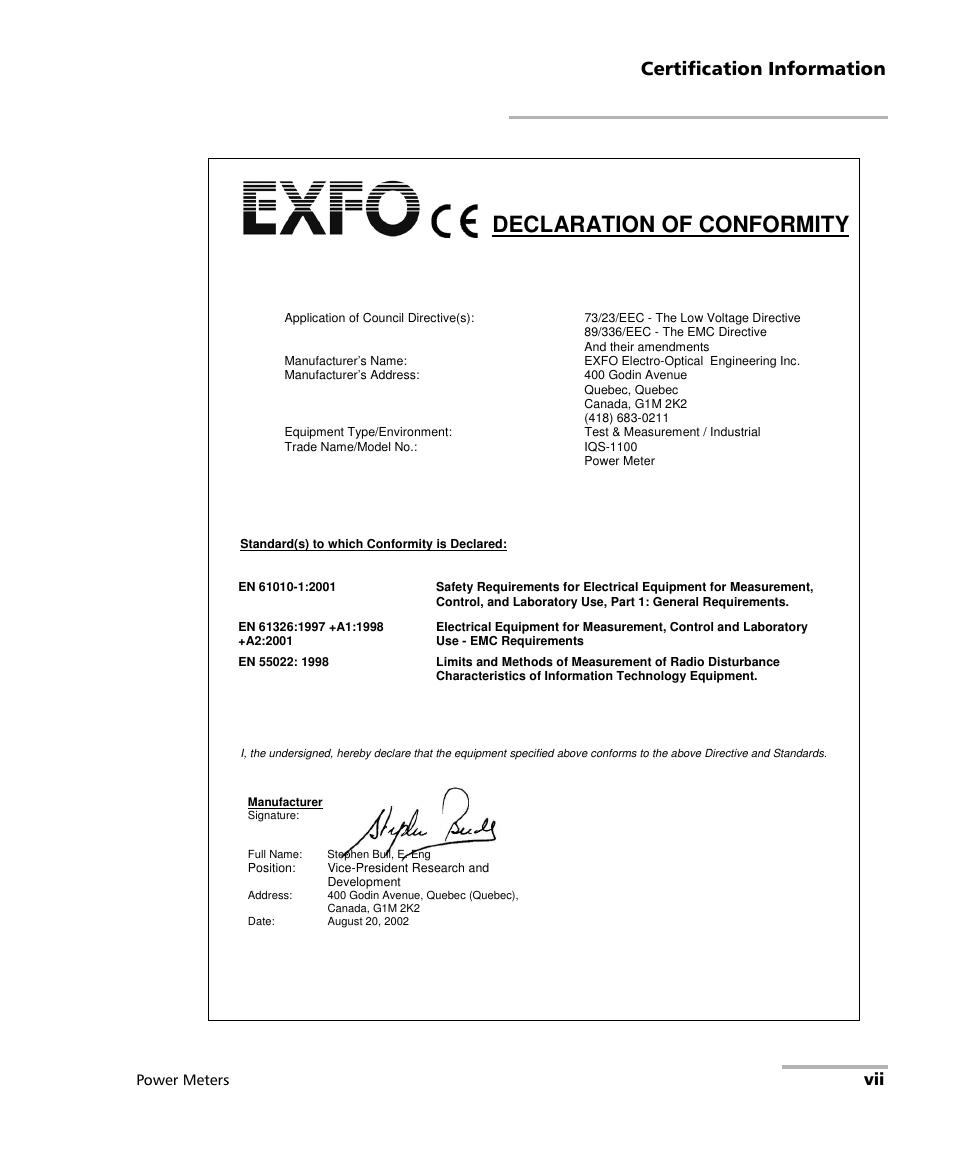 Declaration of conformity, Certification information | EXFO IQS-1500 Power Meters for IQS-500/600 User Manual | Page 7 / 172