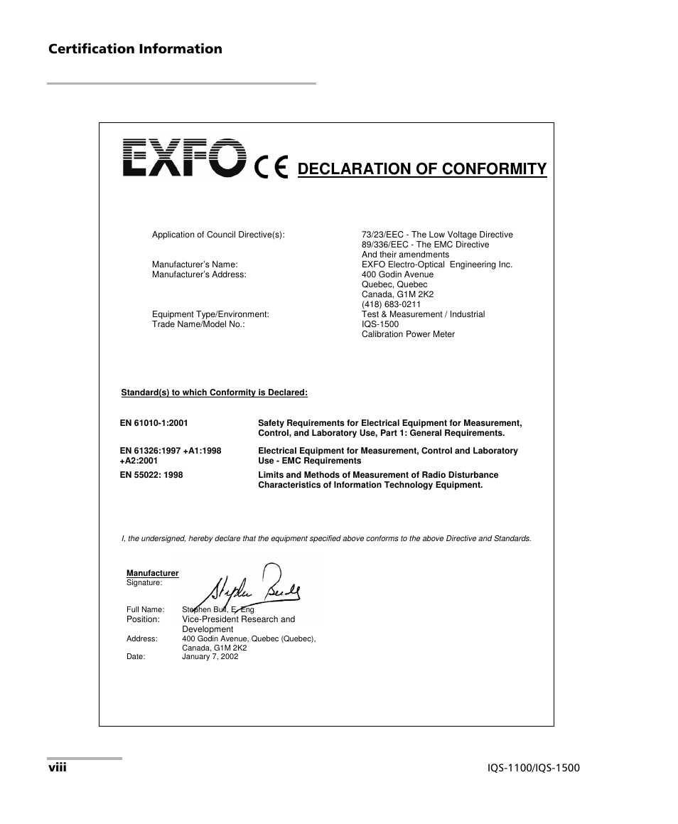 Declaration of conformity, Certification information, Viii | EXFO IQS-1500 Power Meters for IQS-500/600 User Manual | Page 8 / 172