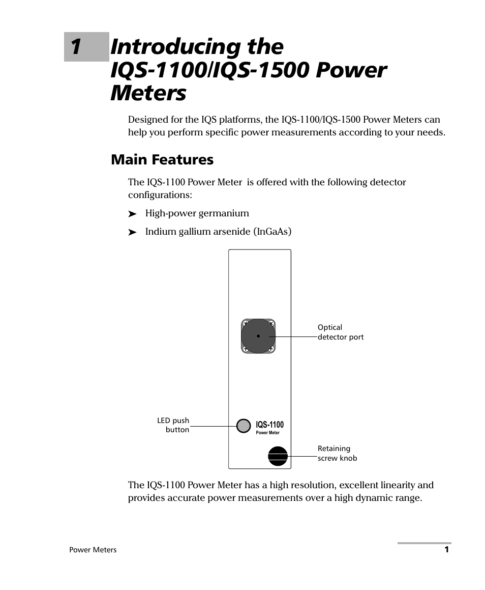 1 introducing the iqs-1100/iqs-1500 power meters, Main features | EXFO IQS-1500 Power Meters for IQS-500/600 User Manual | Page 9 / 172