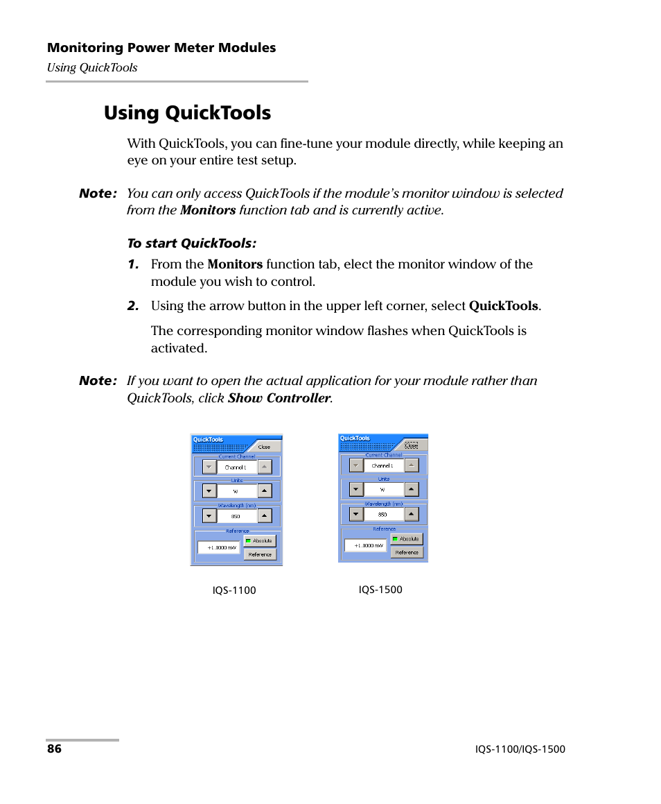 Using quicktools | EXFO IQS-1500 Power Meters for IQS-500/600 User Manual | Page 94 / 172