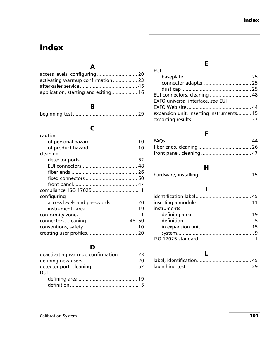 Index | EXFO IQS-12002B Calibration System User Manual | Page 105 / 108