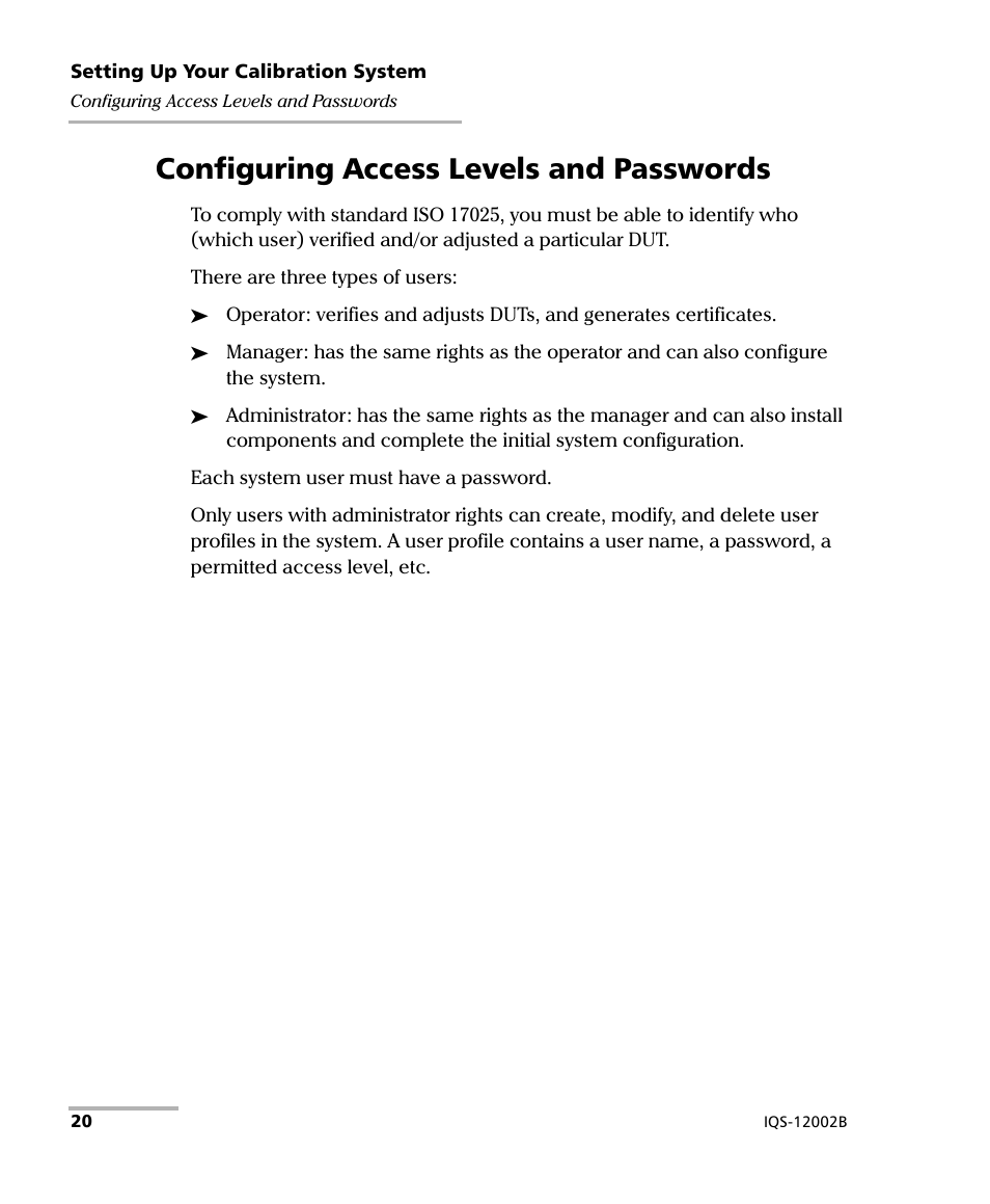 Configuring access levels and passwords | EXFO IQS-12002B Calibration System User Manual | Page 24 / 108