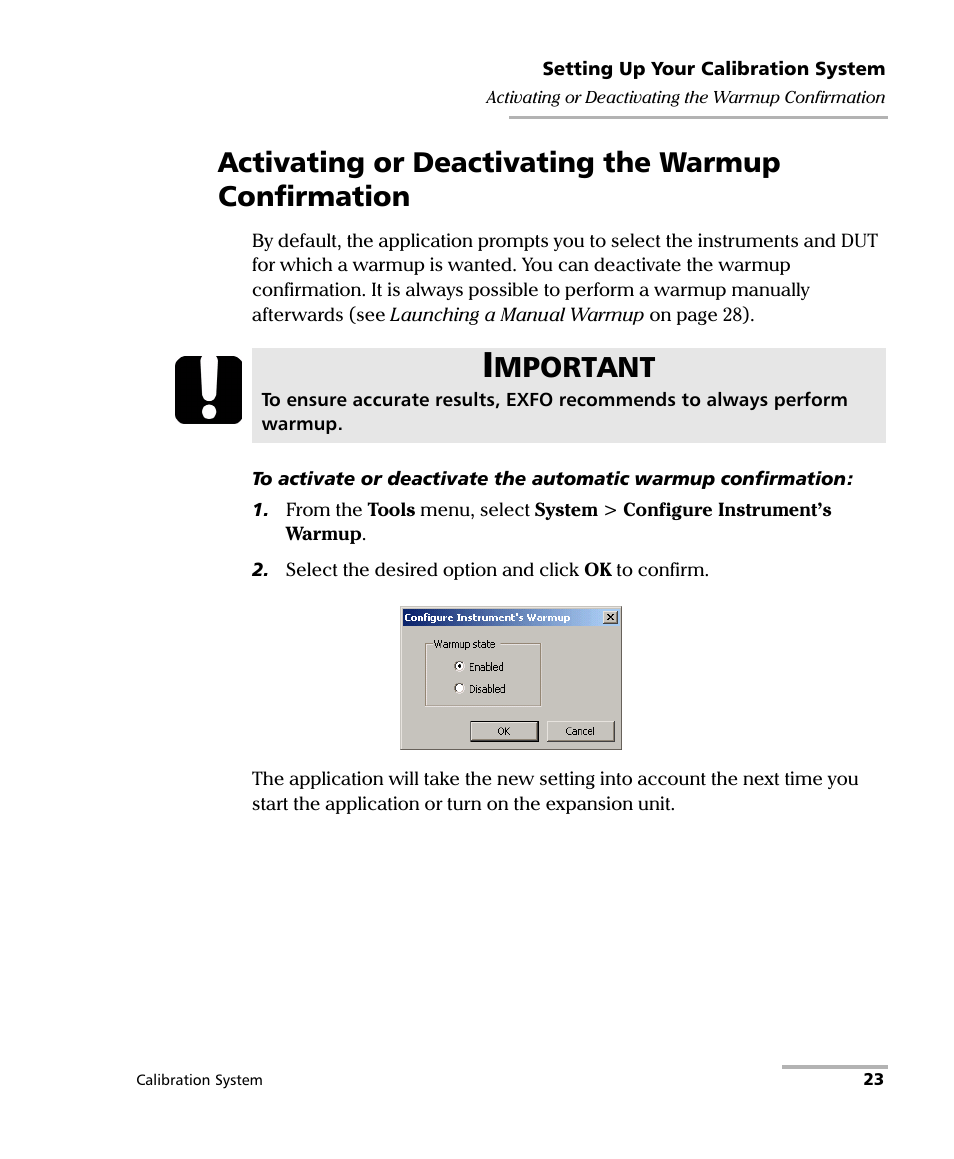 Activating or deactivating the warmup confirmation, Mportant | EXFO IQS-12002B Calibration System User Manual | Page 27 / 108