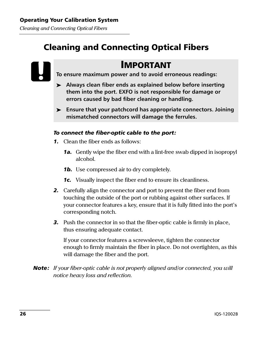 Cleaning and connecting optical fibers, Mportant | EXFO IQS-12002B Calibration System User Manual | Page 30 / 108