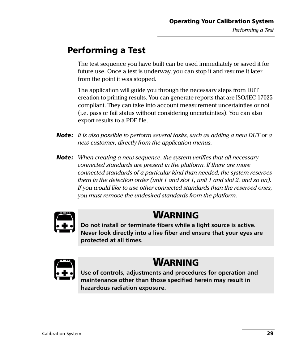 Performing a test, Arning | EXFO IQS-12002B Calibration System User Manual | Page 33 / 108