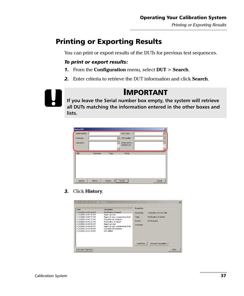 Printing or exporting results, Mportant | EXFO IQS-12002B Calibration System User Manual | Page 41 / 108