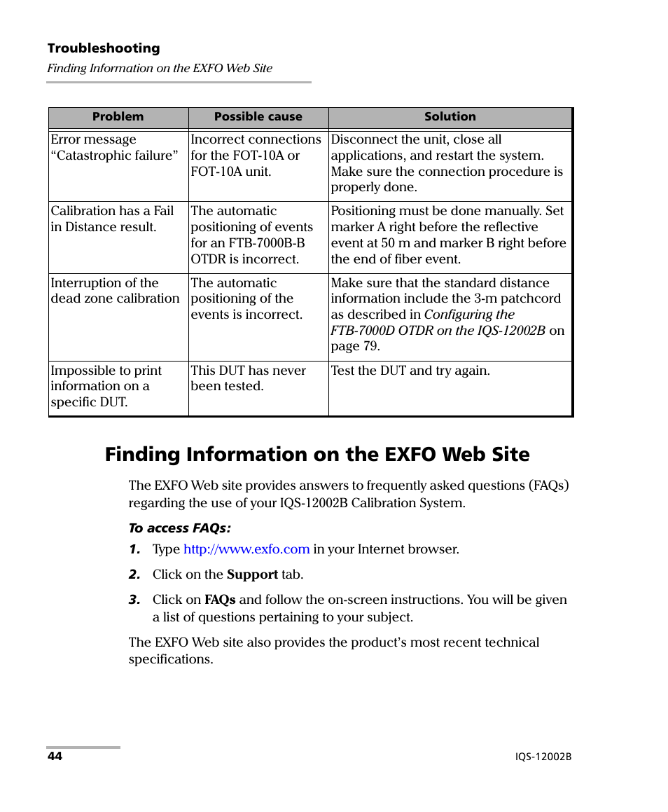 Finding information on the exfo web site | EXFO IQS-12002B Calibration System User Manual | Page 48 / 108